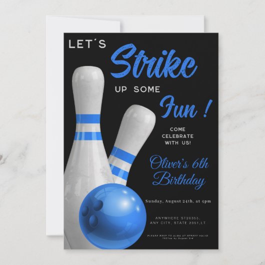 Blue Strike Up Some fun boy bowling birthday 招待状 (正面)