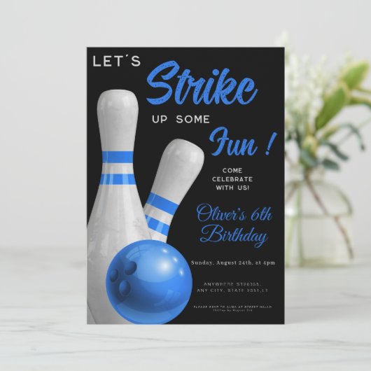 Blue Strike Up Some fun boy bowling birthday 招待状 (スタンド正面)