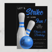 Blue Strike Up Some fun boy bowling birthday 招待状 (正面/裏面)