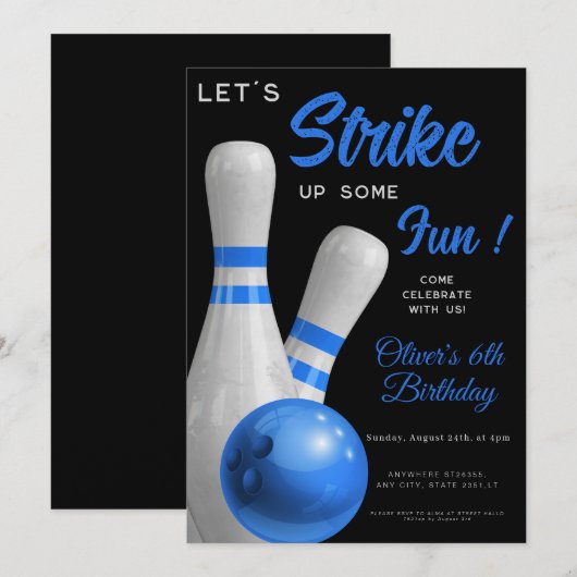 Blue Strike Up Some fun boy bowling birthday 招待状 (正面/裏面)