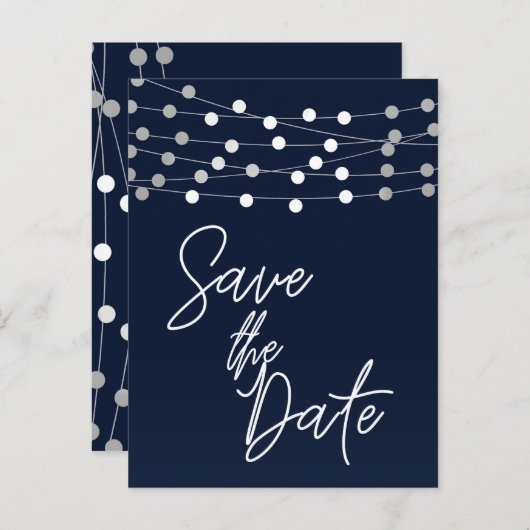 Blue String Lightsスクリプモダント日付の保存 案内ポストカード (正面/裏面)