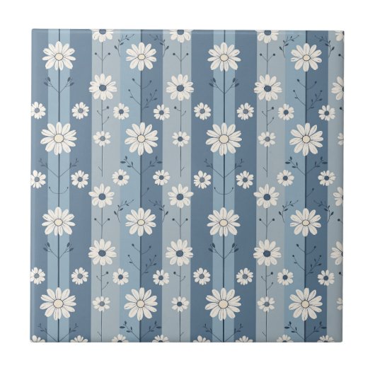 Blue Stripe Daisy Vintage Floral Pattern タイル (正面)