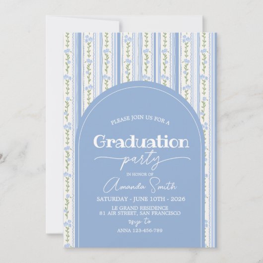 Blue Stripe Floral Arch Graduation Invite 招待状 (正面)