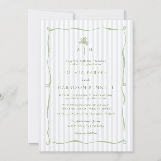 Blue Stripe Palm Tree Tropical Wedding Invitation 招待状 (正面)