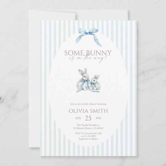 Blue Stripe Some Bunny Baby Shower 招待状 (正面)