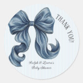 Blue Striped Bow Baby Shower Thank You ラウンドシール (正面)