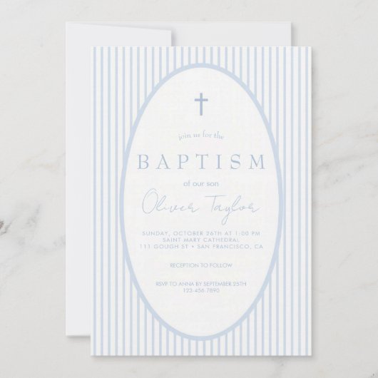 Blue Striped Boy Baptism 招待状 (正面)