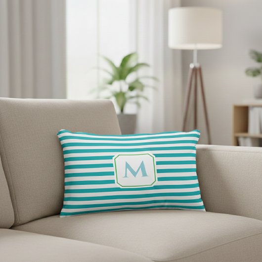 Blue Striped Decorative Pillow with Monogram アクセントクッション