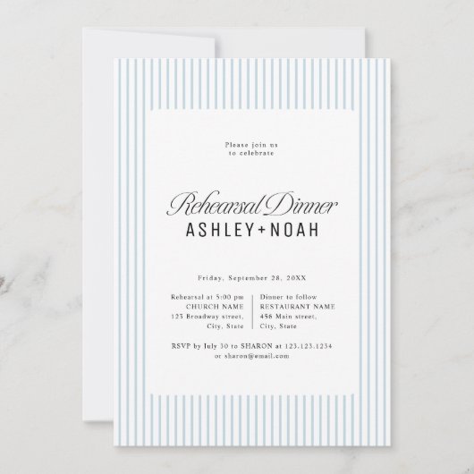 Blue Striped Elegance Classy Rehearsal Dinner 招待状 (正面)