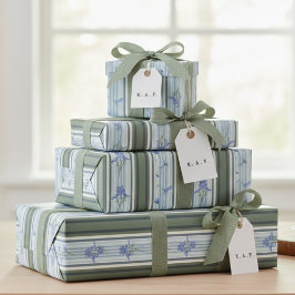 Blue Striped Floral Archive Personalized Wrapping  ラッピングペーパー