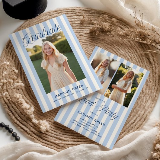 Blue Striped Preppy Graduation 招待状