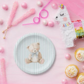 Blue Striped Teddy Bear Baby Birthday Paper Plates ペーパープレート (パーティー)