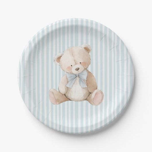 Blue Striped Teddy Bear Baby Birthday Paper Plates ペーパープレート (正面)
