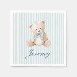 Blue Striped Teddy Bear Baby Boys Birthday Napkins スタンダードカクテルナプキン