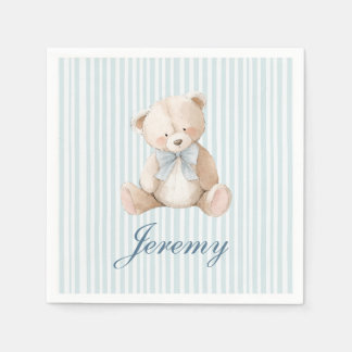 Blue Striped Teddy Bear Baby Boys Birthday Napkins スタンダードカクテルナプキン