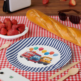 Blue Striped Truck Birthday Theme ペーパープレート