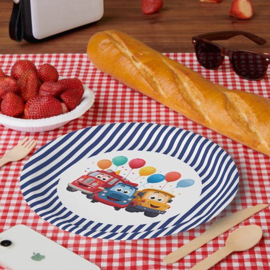 Blue Striped Truck Birthday Theme ペーパープレート (ピクニック)