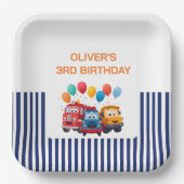 Blue Striped Truck Birthday Theme ペーパープレート (正面)