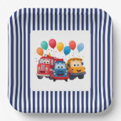 Blue Striped Truck Birthday Theme ペーパープレート (正面)