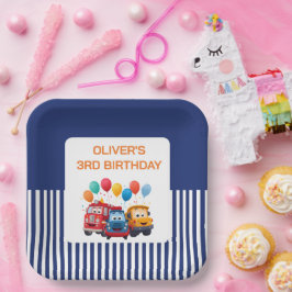 Blue Striped Truck Birthday Theme ペーパープレート
