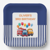 Blue Striped Truck Birthday Theme ペーパープレート (正面)