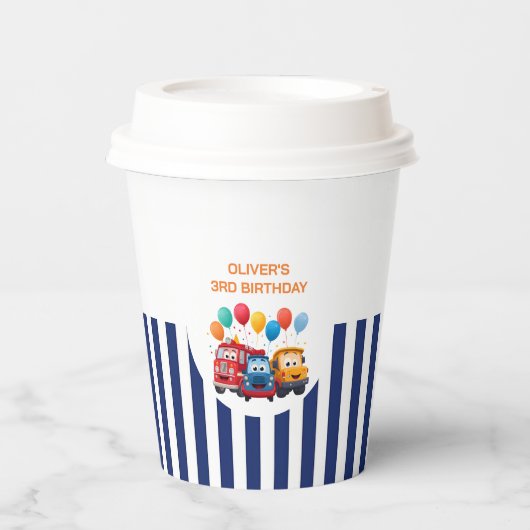 Blue Striped Truck Birthday Theme 紙コップ (正面)