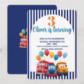 Blue Striped Truck Birthday Theme Invitation 招待状 (正面/裏面)