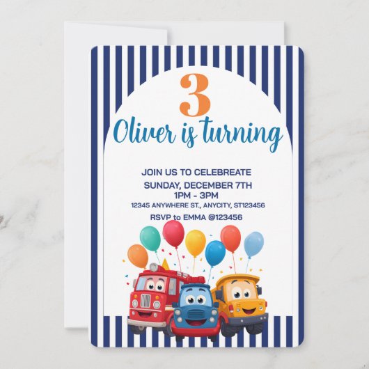Blue Striped Truck Birthday Theme Invitation 招待状 (正面)