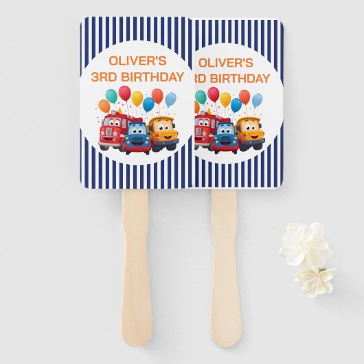 Blue Striped Truck Birthday Theme Set of Fans ハンドファン (正面&裏面)