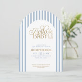 Blue Stripes Arch Vintage Boy Baby Shower 招待状 (スタンド正面)