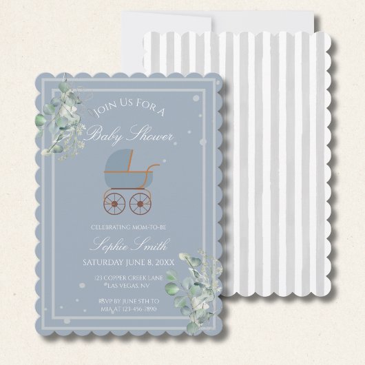 Blue Stripes Baby Carriage Baby Shower Scalloped 招待状