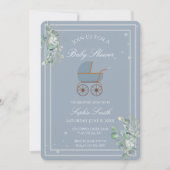 Blue Stripes Baby Carriage Eucalyptus Baby Shower  招待状 (正面)