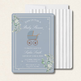 Blue Stripes Baby Carriage Eucalyptus Baby Shower  招待状