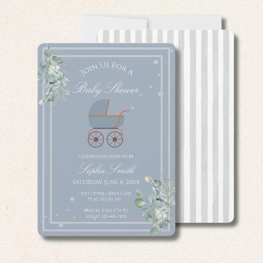 Blue Stripes Baby Carriage Eucalyptus Baby Shower  招待状