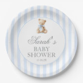 Blue Stripes Bear Baby Shower ペーパープレート (正面)
