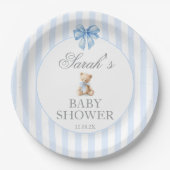 Blue Stripes Bear Baby Shower ペーパープレート (正面)