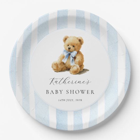 Blue Stripes Bear Baby Shower  ペーパープレート (正面)