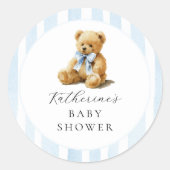 Blue Stripes Bear Baby Shower ラウンドシール (正面)