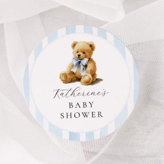 Blue Stripes Bear Baby Shower ラウンドシール