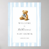 Blue Stripes Bear Baby Shower Welcome Poster ポスター (正面)
