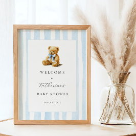 Blue Stripes Bear Baby Shower Welcome Poster ポスター