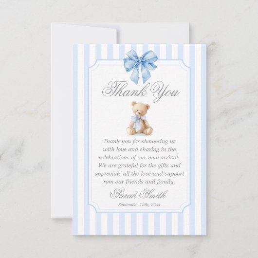 Blue Stripes Bear Grand millennial サンキューカード (正面)