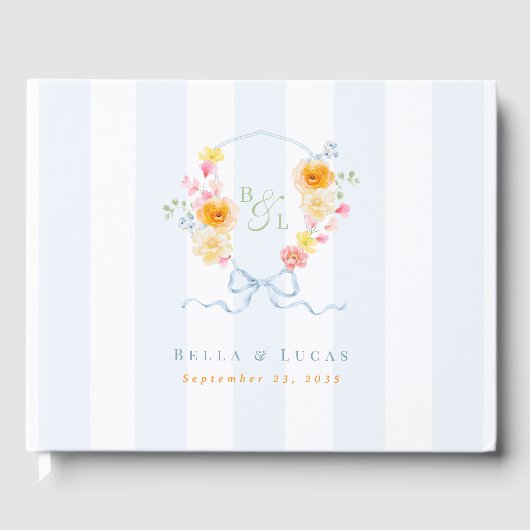 Blue Stripes Bow Crest Monogram Spring Wedding ゲストブック (正面)