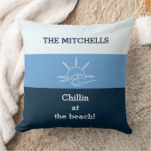 Blue Stripes Chillin Family Name Beach House クッション (ブランケット)