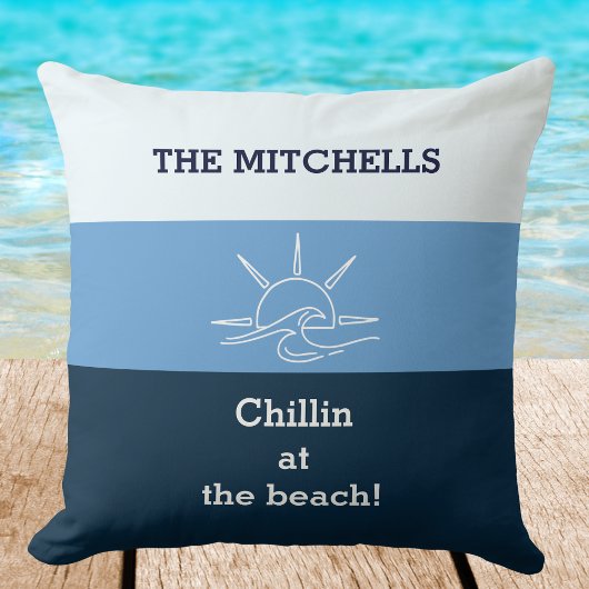 Blue Stripes Chillin Family Name Beach House クッション