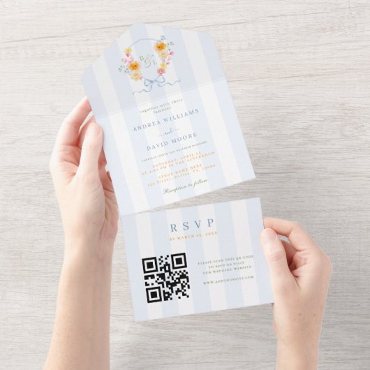 Blue Stripes Crest Bow Monogram Spring Wedding オールインワン招待状 (貼ってはがせる)