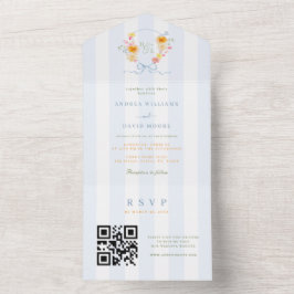 Blue Stripes Crest Bow Monogram Spring Wedding オールインワン招待状
