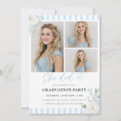 Blue Stripes Floral Graduation Invitation 招待状 (正面)