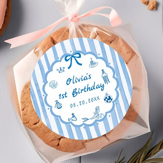 Blue Stripes Hand Drawn The Summer Sticker ラウンドシール