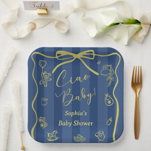 Blue Stripes Italian Themed Ciao Baby ペーパープレート (ウェディング)